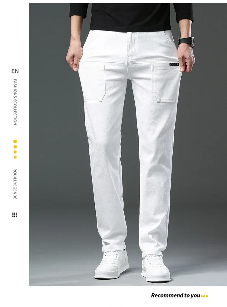 Spring and Autumn Men's Multi-Pocket Design Jeans Fashionable and Versatile White Khaki Red Comfortable Stretch Denim Pants