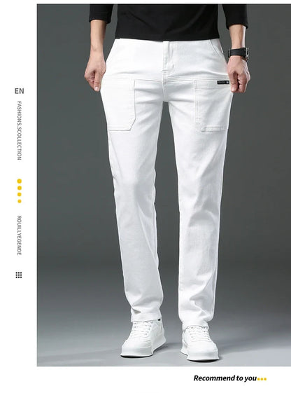 Spring and Autumn Men's Multi-Pocket Design Jeans Fashionable and Versatile White Khaki Red Comfortable Stretch Denim Pants