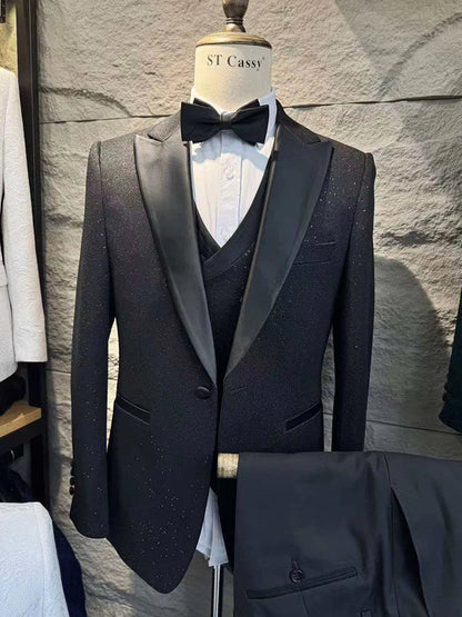 Luxury Man Suits High Quality 3 Pieces Littering Rhinestone Embellishment Wedding Dress Shining Flash Diamond Tuxedo Dinner Suit