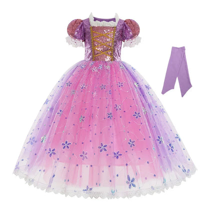 Rapunzel Short Sleeve Purple Puffy Dress + Accessories Girls Cosplay Rapunzel Summer Casual Dress Birthday Party Gift