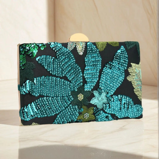 Green Sequin Embroidered Floral Evening Bag Ladies Square Box Bag Unique Pattern Glittering Party Wedding Dance Suitable