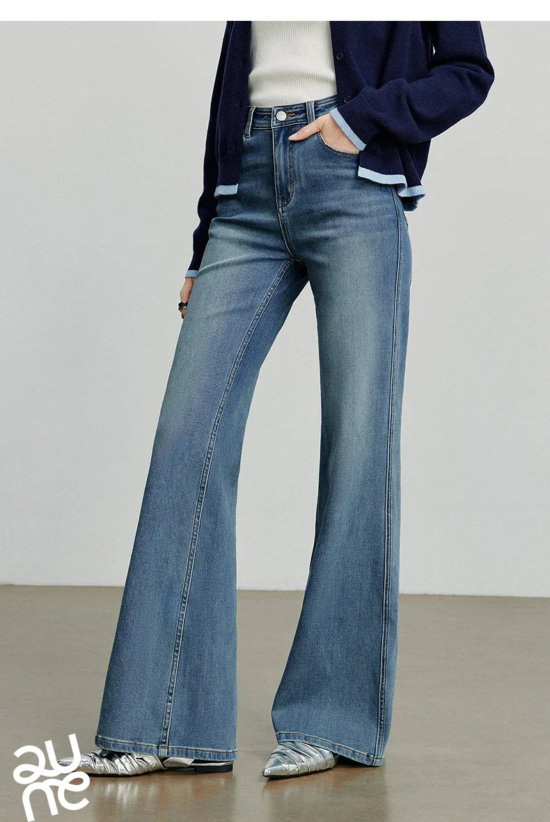 Women Denim jeans 2025 Autumn New Lycra Stretch Mid Waist Cotton Flares Pants