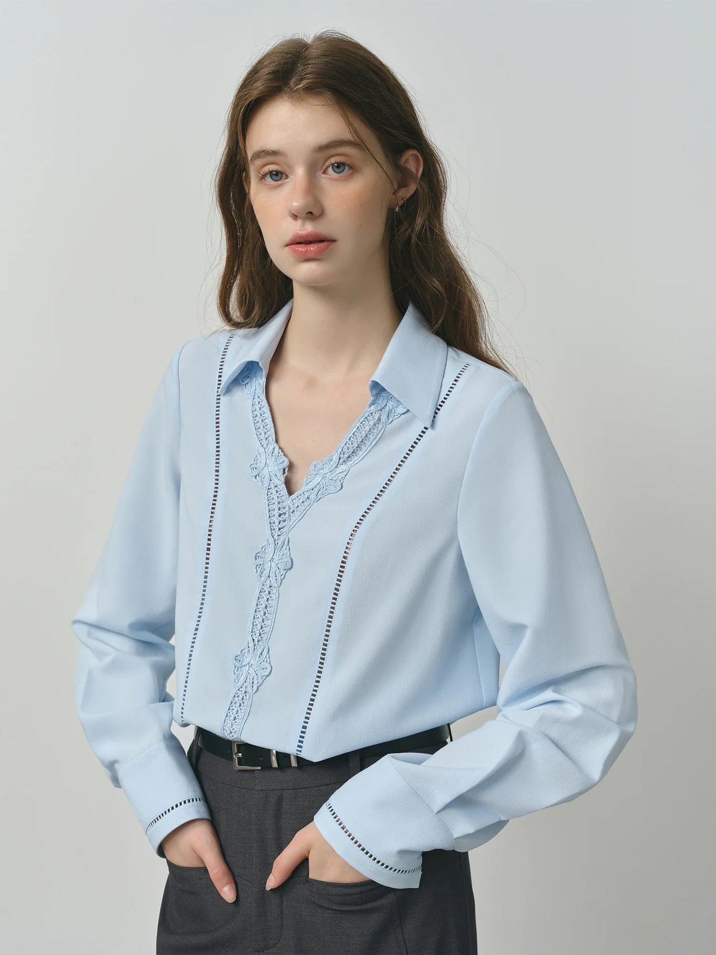 Summer 2025 Heavy Embroidery Blouse - Lace Panel Long Sleeve Relaxed Fit Women's Casual Top