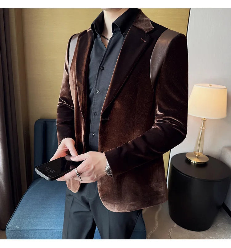 Leather Splicing Mercerized Velvet Suit Jacket 2025 Autumn New Men's High-end Business Slim Fit Fashion Party Tailcoat 4XL-M