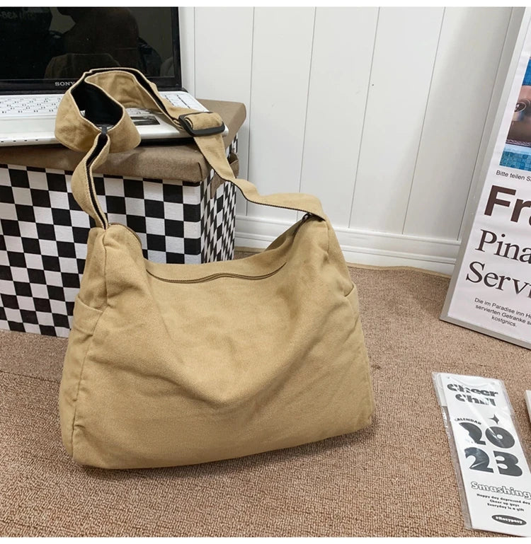 Solid Color Canvas Shoulder Bags Women 100% Cotton Satchels Korea Style Cloth Messenger Bags Large Crossbody Bags Book Packages