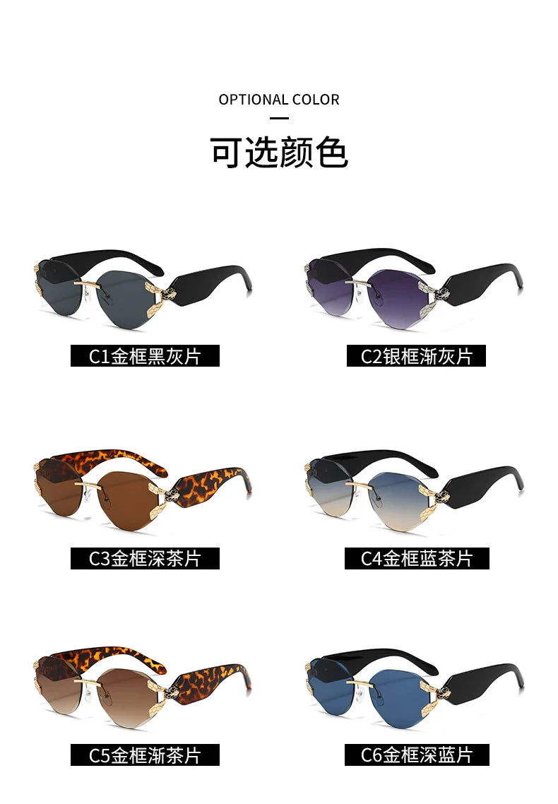 2026 Snake Head Decor Rimless Sunglasses Women's UV400 Protection Shades Wide Temple Gradient Sun Glasses for Street & Driving