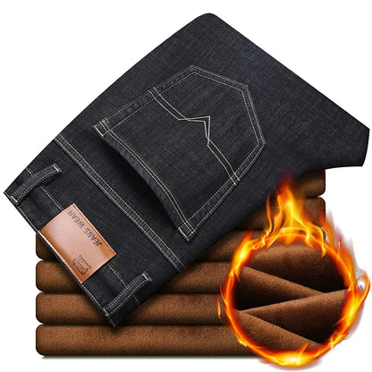 Men New Winter Classics Fleece Thick Warm Jeans Men's Loose Straight Elastic Denim Pants Casual Plush Trousers Large Size 28-40