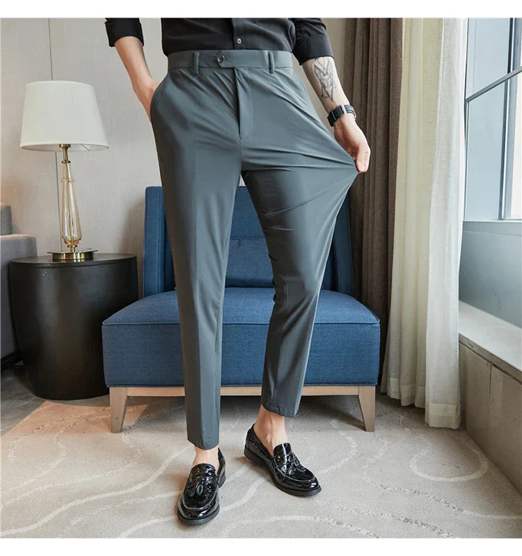 Mens Dress Pants Trousers 2025 Summer New Thin Breathable Solid Casual High Elastic Slim Fit Suit Pants Streetwear Men Clothing