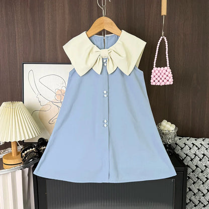 Korean Version Black Sleeveless Kids Clothes Summer New Bow Decoration Girls Dress Birthday Party Princess Dresses 2-7 Years Old