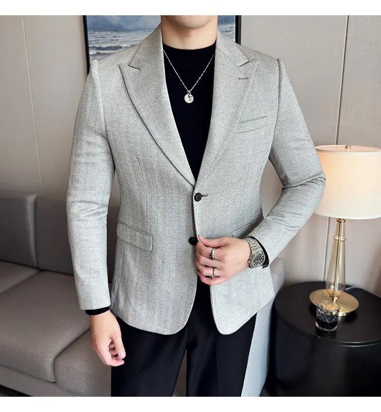 Men's Herringbone Stripe Suit Blazer Classic Lapel Dress Jacket Elegant Slim Fit Fashion Simple Casual Business Prom Suit Jacket