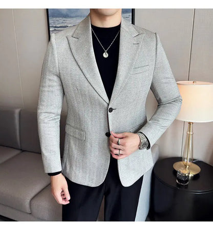 Men's Herringbone Stripe Suit Blazer Classic Lapel Dress Jacket Elegant Slim Fit Fashion Simple Casual Business Prom Suit Jacket