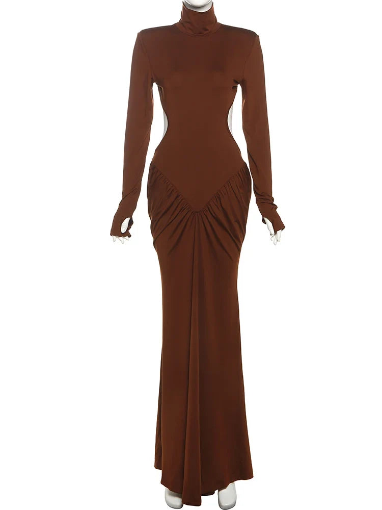 Shirring Sheath Maxi Dresses High Street Classic Full Sleeve Straight Shoulder Backless Vestidos Mujer Evening Wear