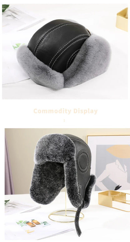 2026  Winter Men's 100% Real Rex Rabbit Fur Bomber Hat Ushanka Cap Trapper Russian Man Ski Hats Caps Real Sheepskin Leather
