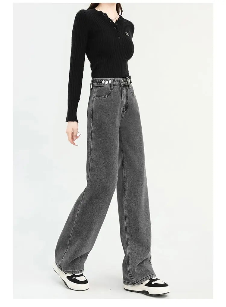 Winter Thick Warm Womens High Waist Jeans Fleece Lined Loose Fit Wide Leg Trousers Korean Style Stretchy Adjustable Waist  Jeans