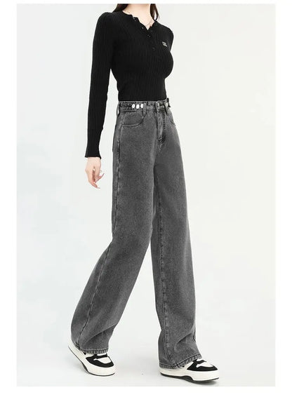 Winter Thick Warm Womens High Waist Jeans Fleece Lined Loose Fit Wide Leg Trousers Korean Style Stretchy Adjustable Waist  Jeans