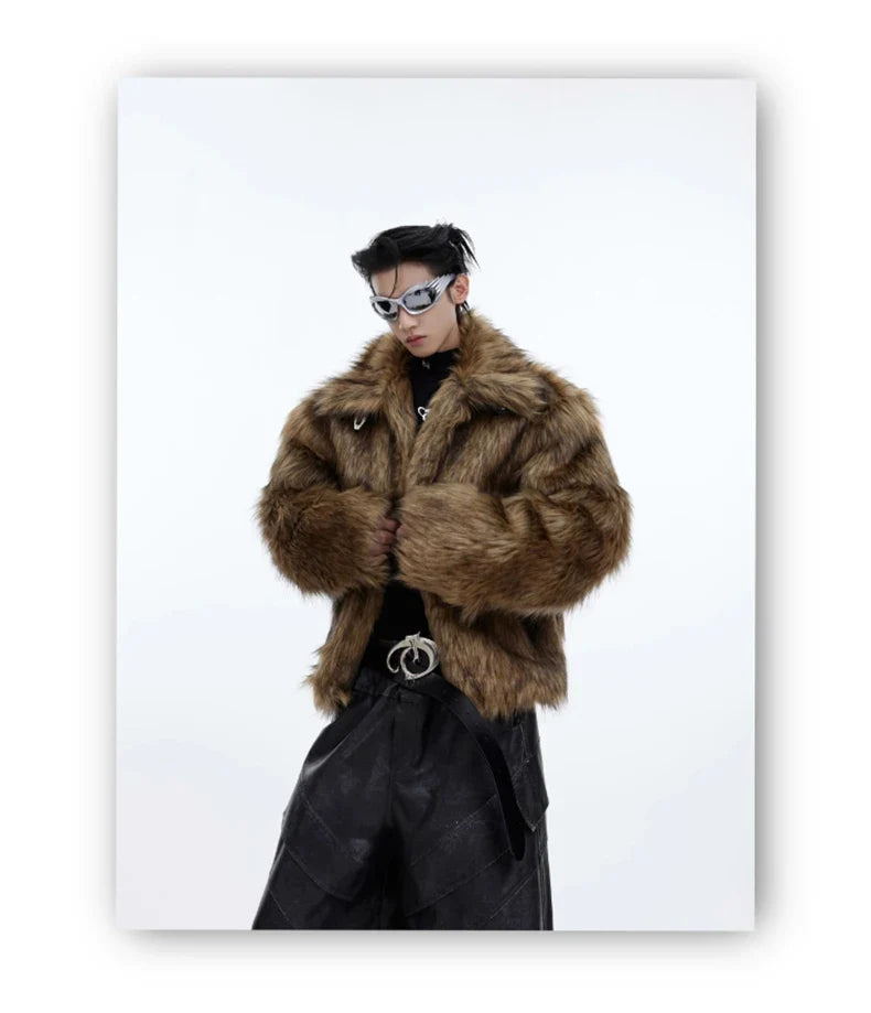 Winter Short Thick Warm Brown Hairy Soft Faux Fur Coat Men with Turn-down Collar Long Sleeve Fluffy Jackets 2024
