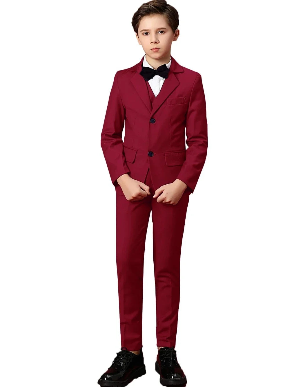 Boys Solid Suit Set 3 Pieces Perfect For Parties Smart Elegant Notched Lapel Kids Suits Wedding Ring Bearer Outfit 2-20T