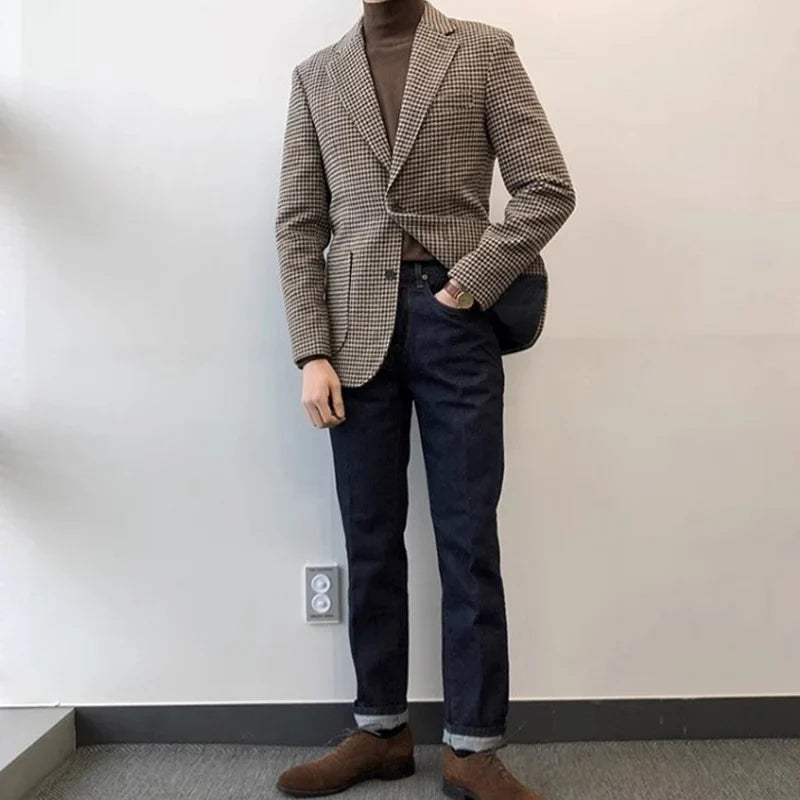 Autumn and Winter Casual Men's Retro Tweed Houndstooth Suit Men's Plus Size Outwear British Gentleman Wool Suit Trendy