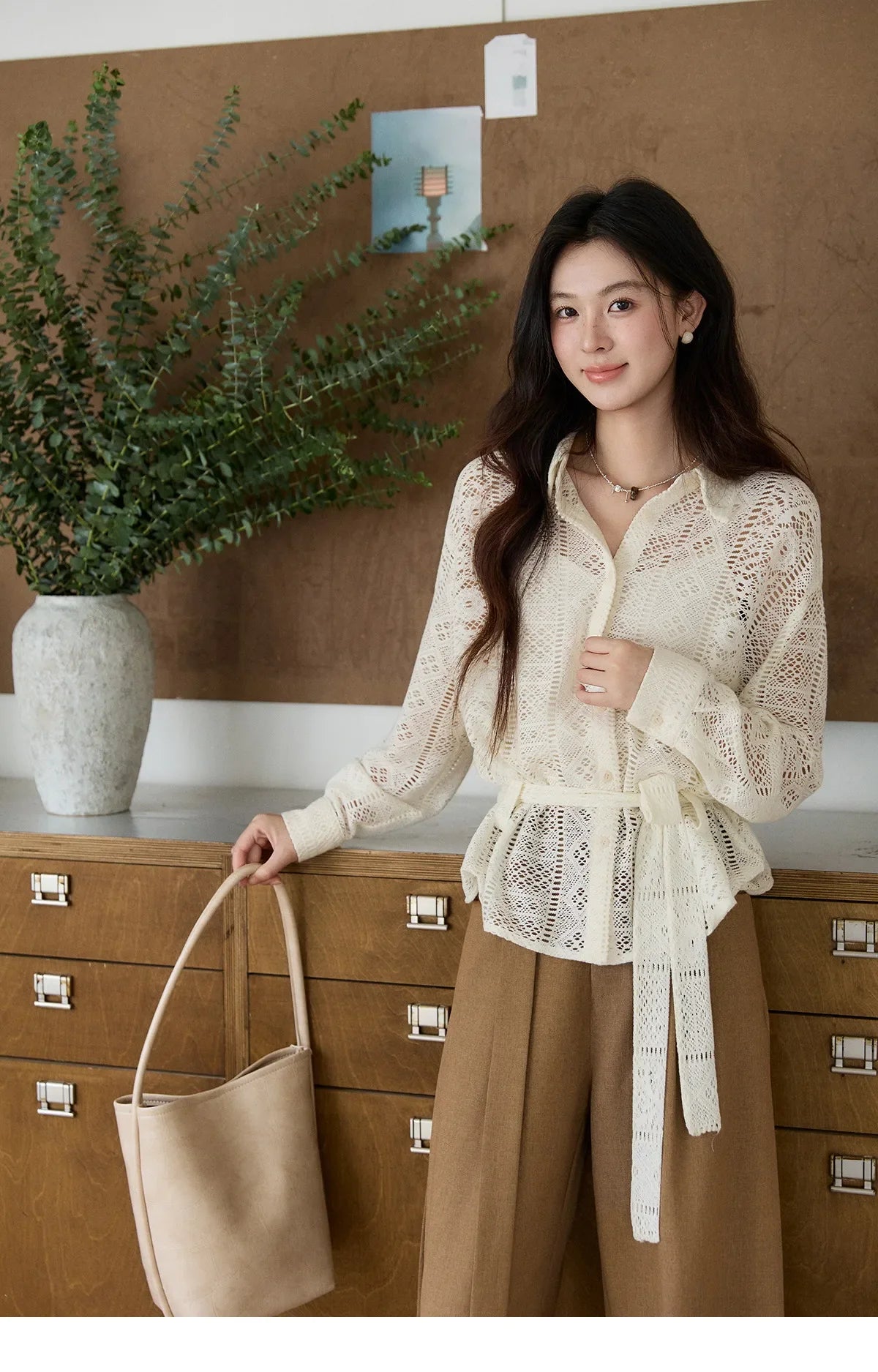 Women's Hollow-out Lace Shirt Camisole Set 2026 Spring Lapel Drawstring Waist Sheer Casual Two-Piece Knitwear MXF108C0816