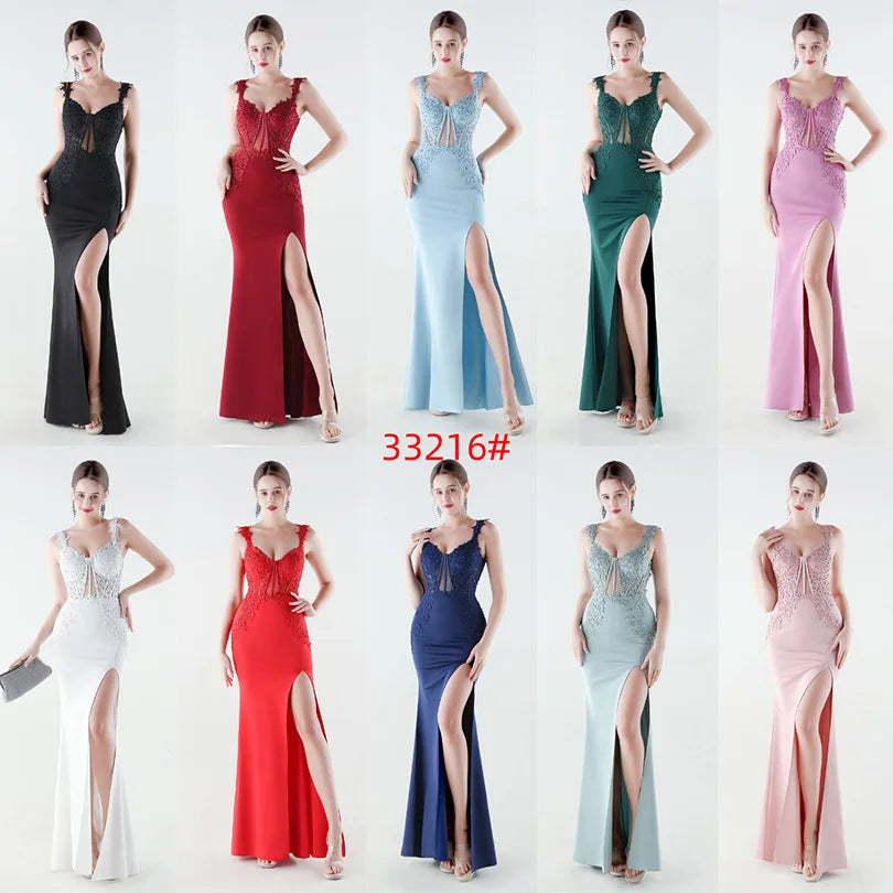 10 Colors Women's Sexy Slit Evening Dress with Appliques Soft Satin Wedding Party Dresses Prom Gowns robe de soiree
