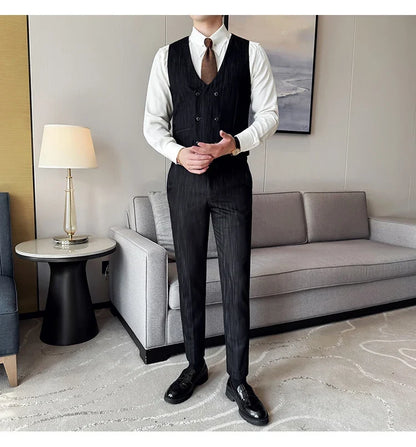 ( Vest + Pants) Double-breasted Striped With Pants Men Business Slim Fit Suit Vest 2 pieces Formal Groom Wedding Dress Vest