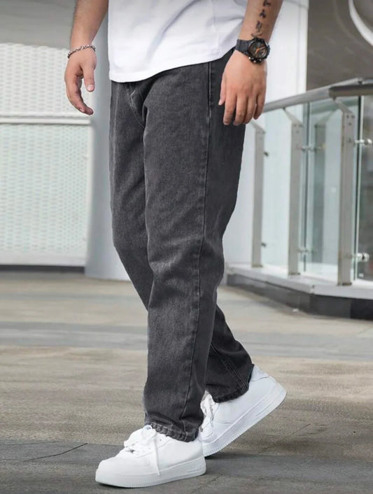 Men's Loose Straight Jeans, Vintage Dark Grey Washed, Casual Daily Wear, Comfortable & Versatile, All Sizes