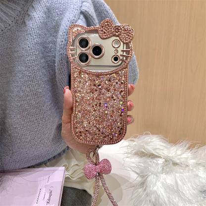 Cute Camera 3D Hellokitty Luxury Glitter phone case for iPhone 17 11 12 13 14 15 plus 16 Pro Max Fundas With Chain Shockproof Ca
