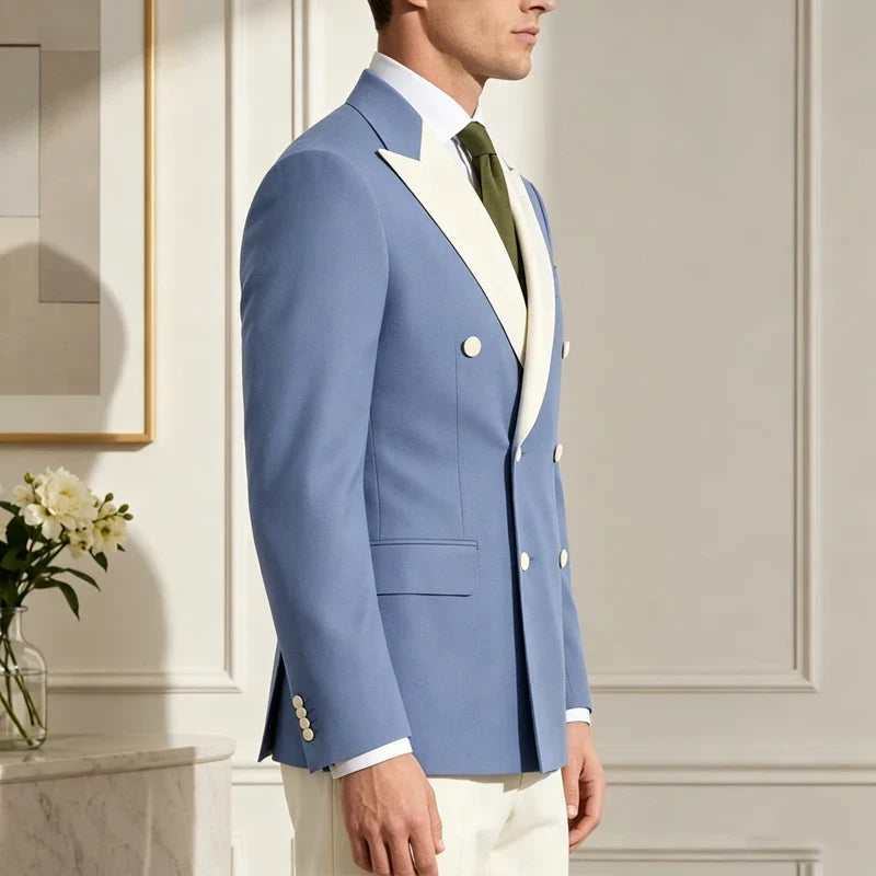 Classic Men's Tuxedo Jacket White Peak Lapel Patched Double Breasted Slim Fit Blazer for Business Formal Wedding Groom Prom Coat