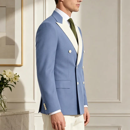 Classic Men's Tuxedo Jacket White Peak Lapel Patched Double Breasted Slim Fit Blazer for Business Formal Wedding Groom Prom Coat