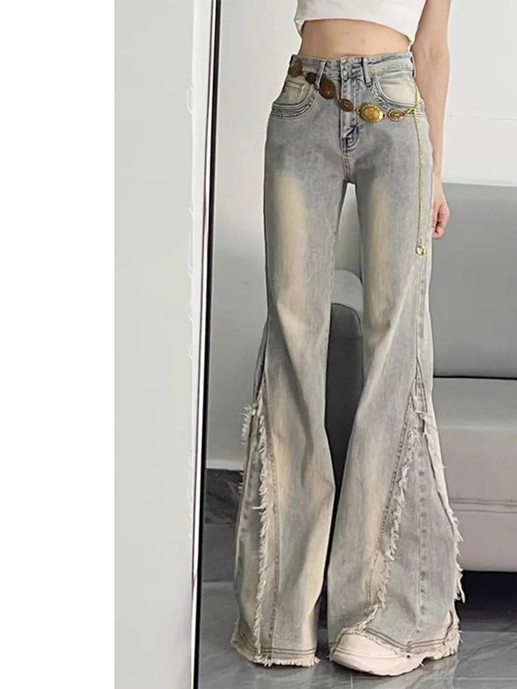 Vintage Casual Trashy Flared Pants Women's Y2K Tassels Full Length Denim Trouser Street Retro Grunge 2000s High Waist Jeans