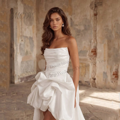 Modern High/Low Satin A-Line Wedding Dresses Women Strapless Open Back Pleat Corset Sleeveless Bridal Party Gowns Customized