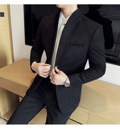 High Quality Cowhide Suede Suit Coats Men Fashion Slim Fit Stand Up Collar Business Casual Jacket Formal Groom Social Tuxedos