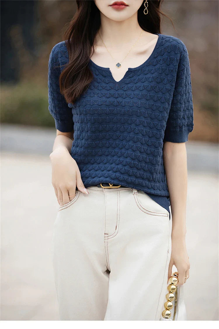Women's T-shirt Summer New 100% Pure Cotton Tees Casual Solid Knitted Short sleeved V-neck Pullover Loose Tops Fashion Sweater