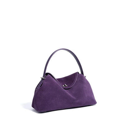 2026 Autumn Winter All-match Bowling Tote All-match Matte Suede Cowhide Leather Women Shoulder Bag Coffee Purple Noble Handbag