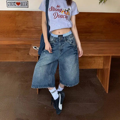 Women's Y2K American Retro Bamboo Denim Capri Pants Summer 2026 Washed Versatile Loose Wide Leg Mid-Length Trendy Trousers