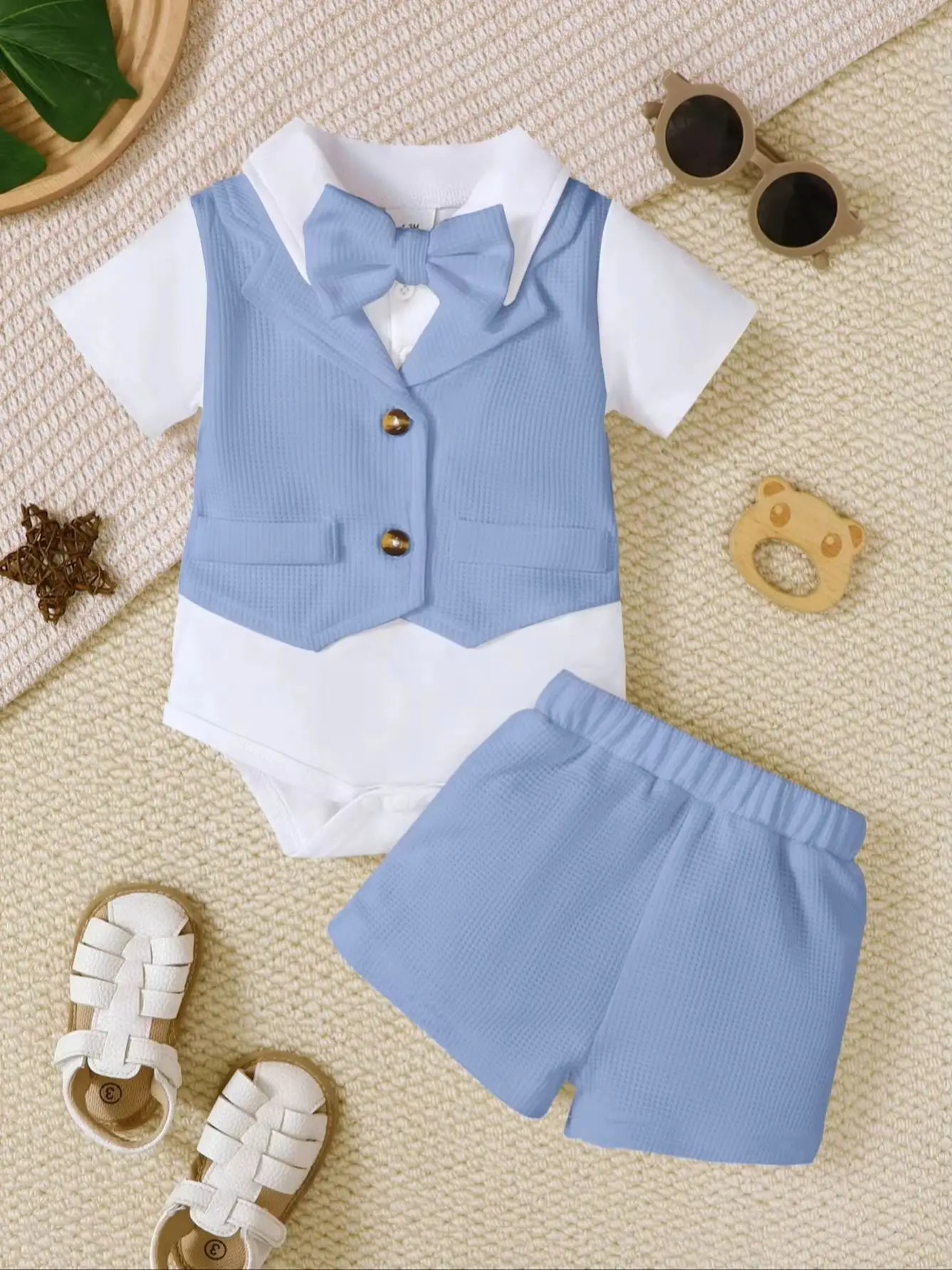 Baby Boy Christening Outfit Set Short Sleeve Vest Fake 2pcs Harlie Top+Shorts+Removable Bow Tie Cute Christening Suit 3pcs Set