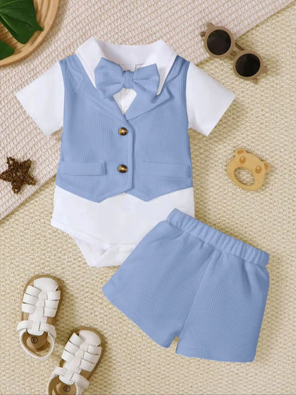 Baby Boy Christening Outfit Set Short Sleeve Vest Fake 2pcs Harlie Top+Shorts+Removable Bow Tie Cute Christening Suit 3pcs Set