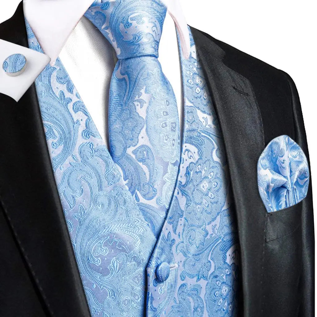 Sky Navy Royal Blue Mens Waistcoat Tie Set Sleeveless Jacket Vest Necktie Hanky Cufflinks Wedding Business Oversized Gift