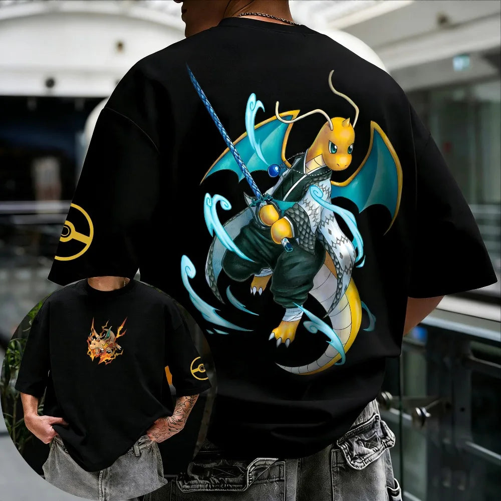 Oversized Cosplay Costumes Pokémon Lucario Unisex 2026 Summer Harajuku Anime Print Y2K Hip-hop Casual Pure Cotton T-shirt