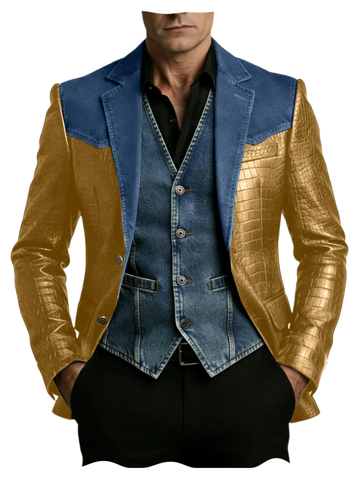 Men's Patchwork Denim & Crocodile Leather Blazer Two-Tone Western Style Suit Jacket Vintage Casual Fashion Coat