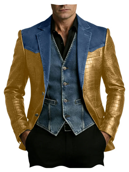 Men's Patchwork Denim & Crocodile Leather Blazer Two-Tone Western Style Suit Jacket Vintage Casual Fashion Coat