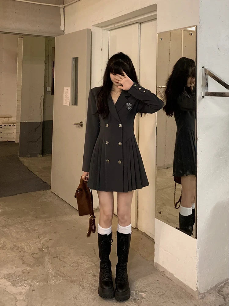 Sweet Style Suit Dress Korean Drama Main Character Waist Cinched Beautiful  Skirt College Style High Waist Double Breaste...