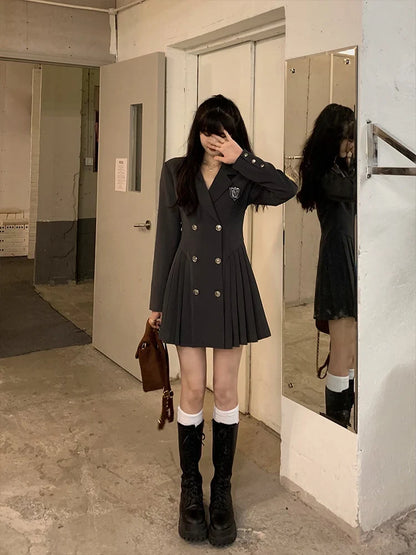 Sweet Style Suit Dress Korean Drama Main Character Waist Cinched Beautiful  Skirt College Style High Waist Double Breaste...