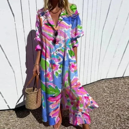 Women's Elegant Plus Size Pleated Short Sleeve V Neck Long Dresses Sweet Style High Waist Printed Dress Female Casual Loose Gown