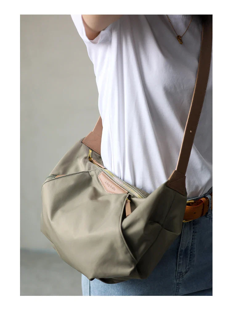 Lightweight Nylon Matching Genuine Leather Crossbody Bag High Quality Single Shoulder Bags Fashion Pleated Messenger Purses