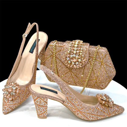 Nigerian Women Heel Party Ladies Italian Design Shoes And Bag Set Decorated with Rhinestone Handbag Wedding Party