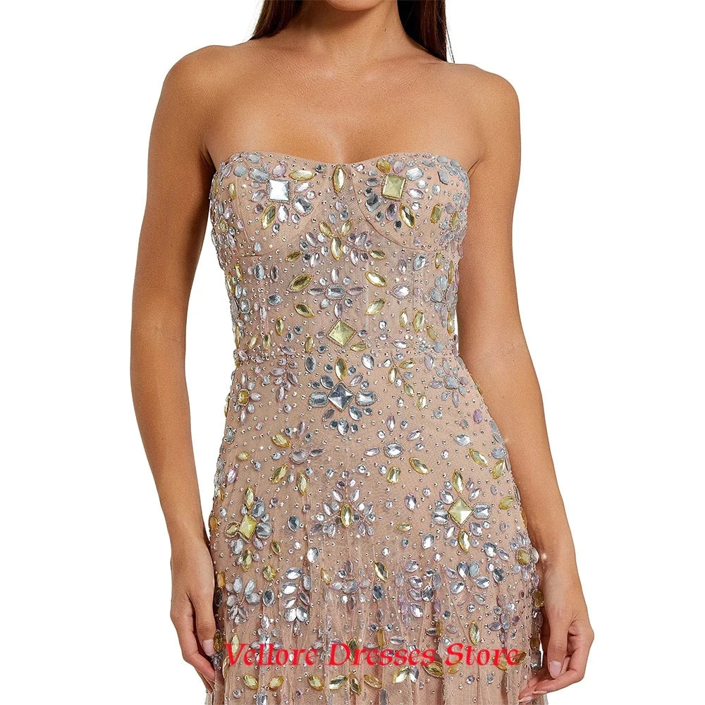 Luxury Champagne Tulle Evening Dress Classic Sweetheart Sleeveless Celebrity Gowns Delicate Crystal Customized Party Dresses
