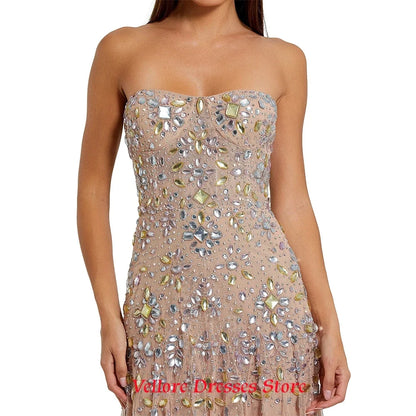 Luxury Champagne Tulle Evening Dress Classic Sweetheart Sleeveless Celebrity Gowns Delicate Crystal Customized Party Dresses