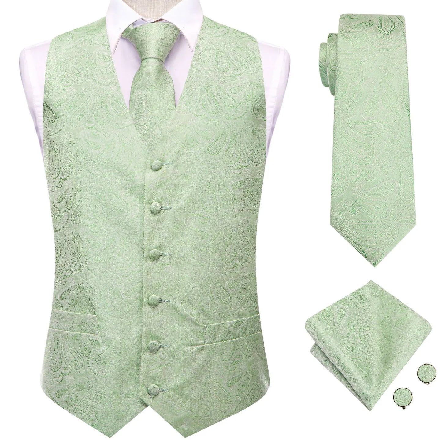 Silk Mens Suit Vests 4PC Woven Sage Green Solid Waistcoat Tie Pocket Square Cufflinks Business Wedding Dress Waist Jacket