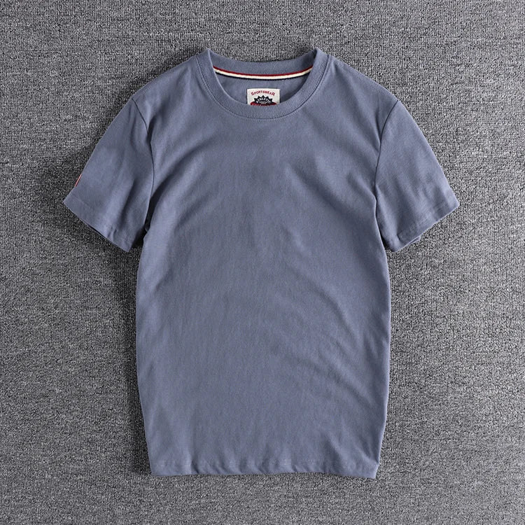 Summer New American Retro Short-sleeved O-neck Solid Color T-shirt Men's Fashion Simple 100% Cotton Washed Casual Sport Tops